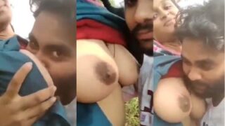 Pervert sucks his GF’s boobs in desi outdoor sex