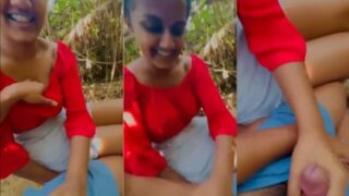 Sexy GF gives an outdoor handjob to her lover