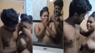 Pervert enjoys bathroom sex with his big boob GF